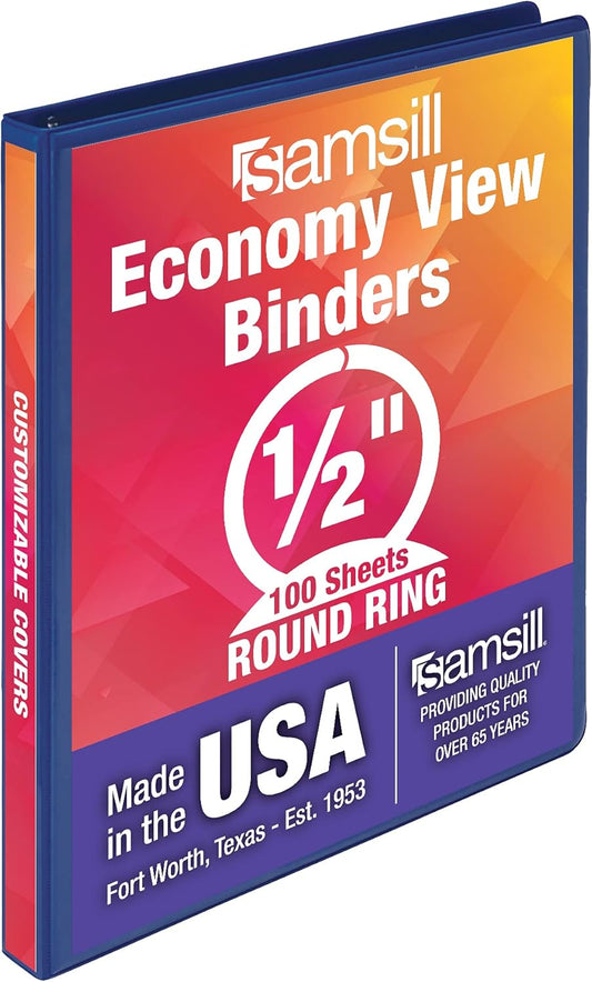 Samsill Economy 0.5 Inch 3 Ring Binder, Made in The USA, Round Ring Binder, Customizable Clear View Cover, Dark Blue