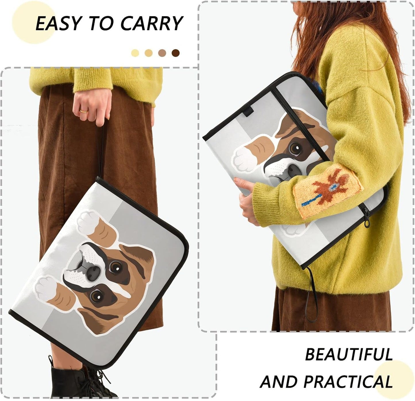 Boxer Dog Puppy Expanding File Folder 13 Pockets with Zipper Cute Dog Expandable Filing Folders Accordion Document Files Organizer for A4 Letter Size Paper