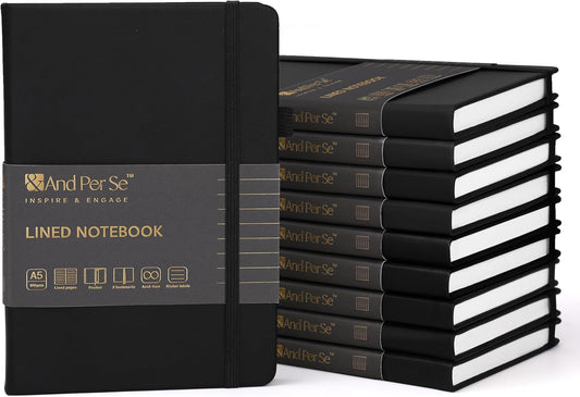 &And Per Se Lined Journal Notebook (10 Packs), 160 Pages, A5 5.7 x 8 inches College Ruled Thick Paper Notebook Journals for Writing, Hardcover Notebooks for Women Men Office School (Black)