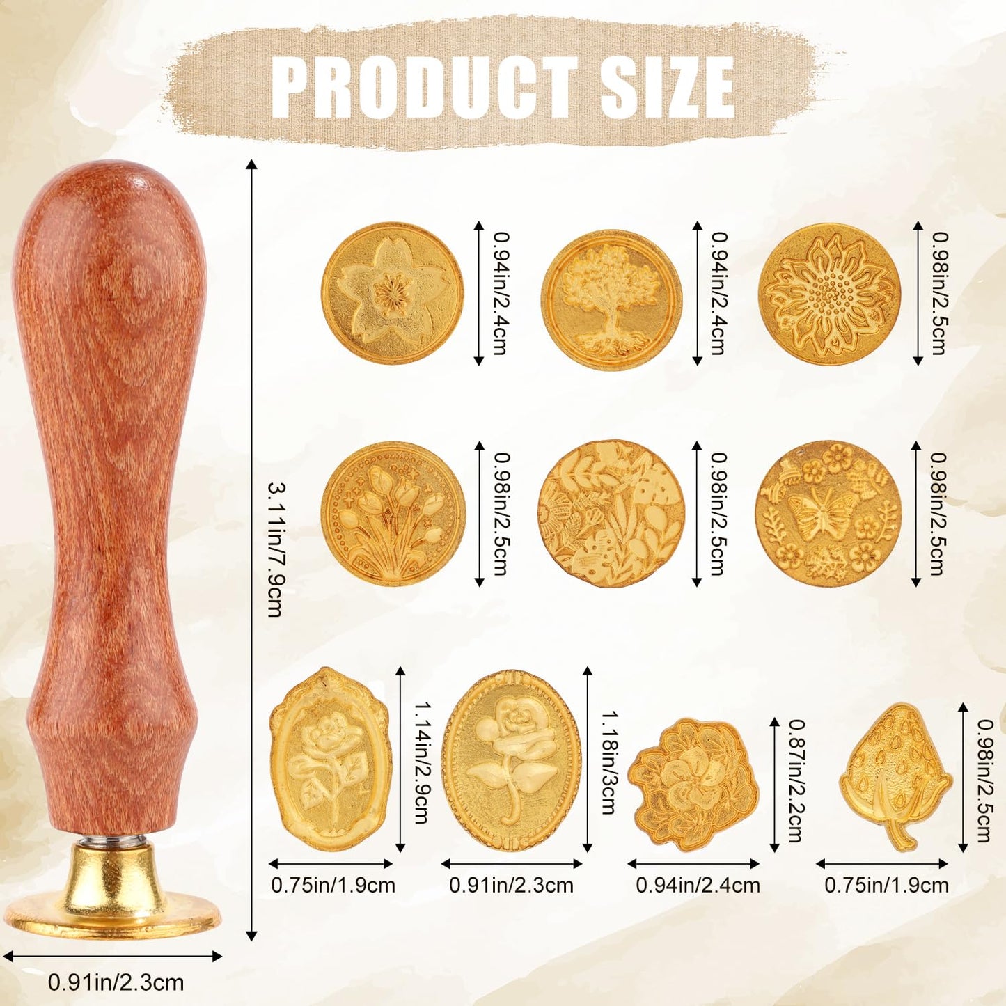 Wax Seal Stamp Set, 10pcs Sealing Wax Stamp Heads with a Wooden Handle Sealing Wax Stamp Kit with Various Patterns for Letter Encapsulation Greeting Cards Presents Decoration Items(Gold)