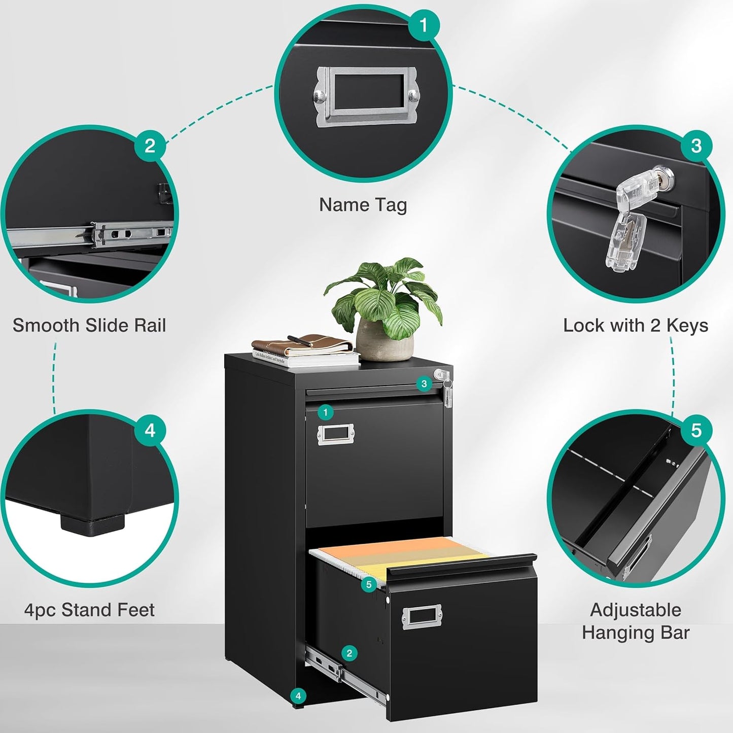 SISESOL 2 Drawer File Cabinet with Lock,Narrow Vertical Filing Cabinet,Under Desk File Cabinets,Black Metal File Cabinets for Home Office,Fit Letter Size,Files Folder,Easy Assemble