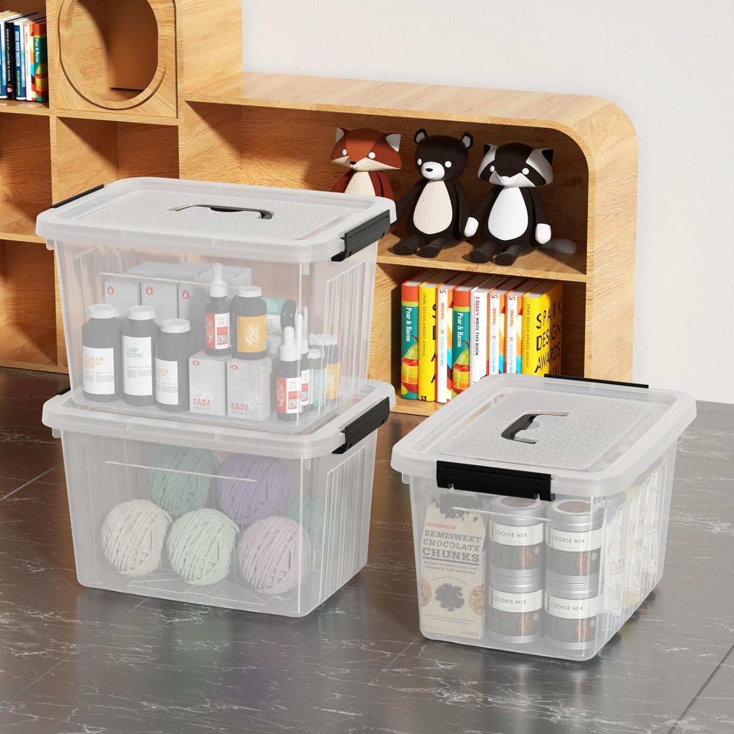 4 Pack Plastic Storage Boxes, Lidded Storage Bins with Handle, 20L, Clear