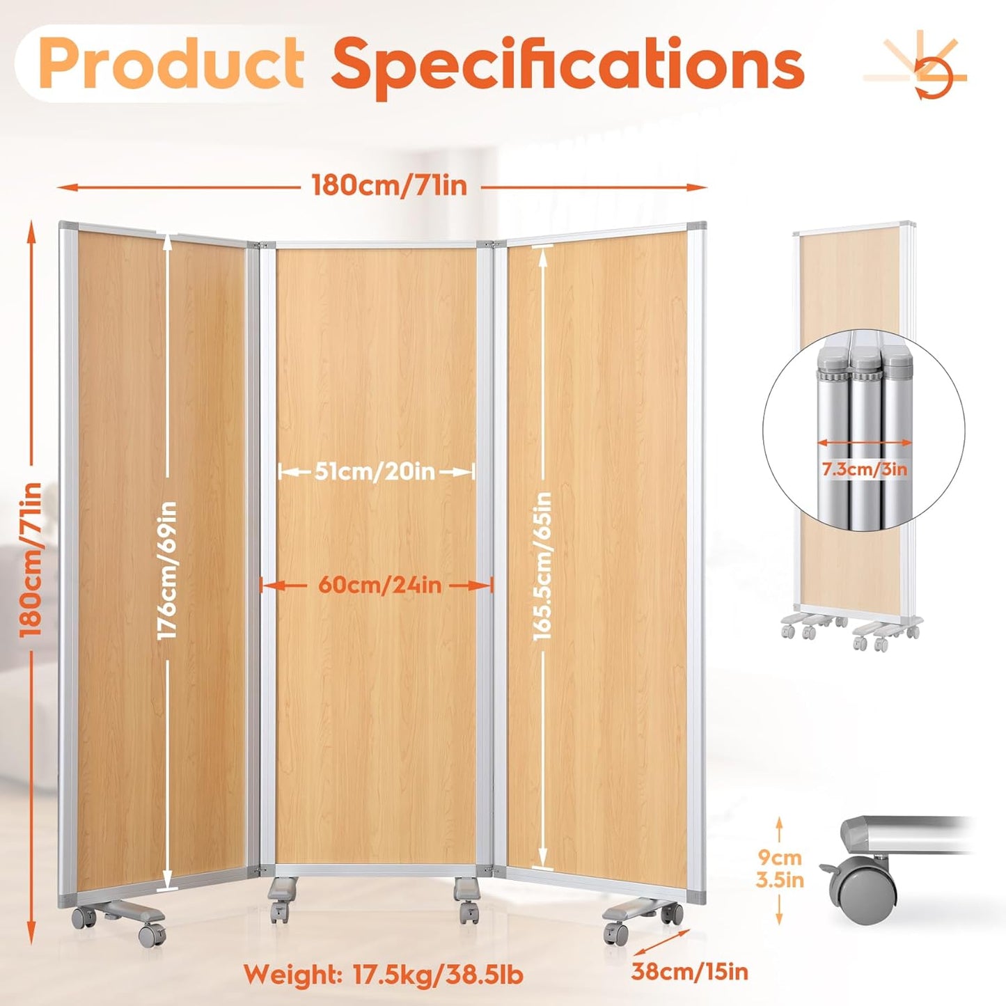 3-Panel Room Partition Mobile Wall Divider Folding Privacy Screen Temporary Room Separator,Natural Wood Grain Print,71" H x 24" W