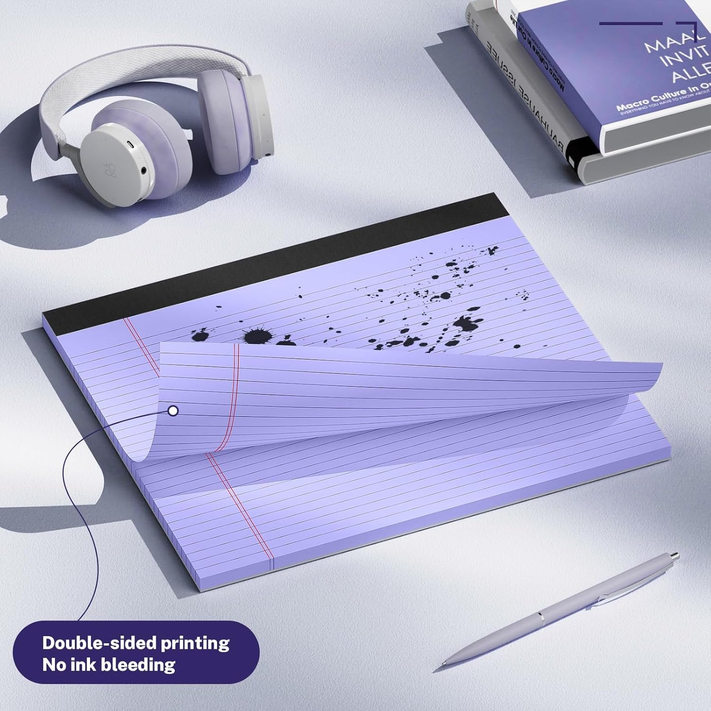 5 Pack Wide Legal Pads 11" x 9.5" Landscape White Pink Purple Blue Green College Ruled Note Pad Narrow Ruled 30 Sheets per Notepad Perforated Writing Paper Thick Backboard Horizontal Pads of Paper