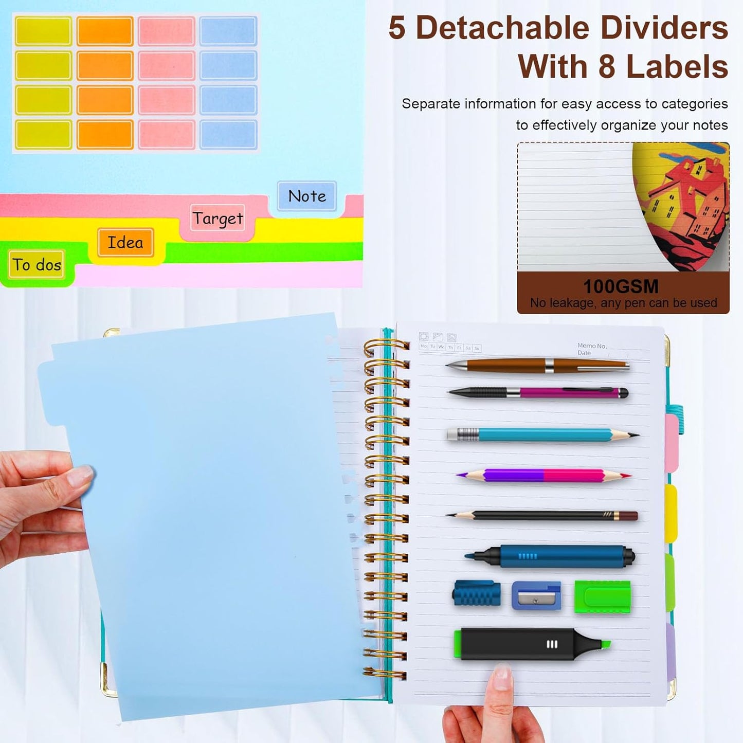 Hardcover Spiral Notebook 8"x10" Journal Notebook with Tabs and Removable Dividers 300 Pages 5 Subject Notebook College Ruled, Faux Leather Spiral Bound Notebook for Women, Students, School Work (Brown)