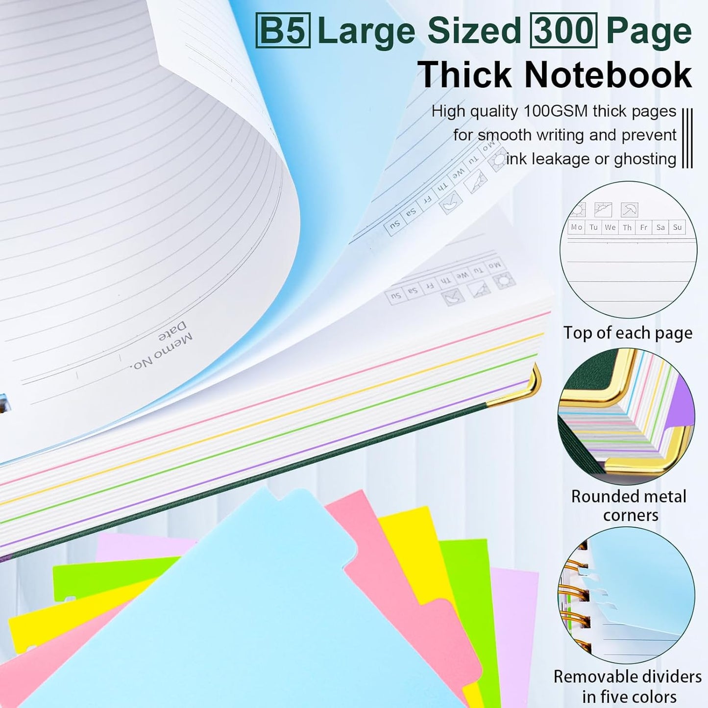 Hardcover Spiral Notebook 8"x10" Journal Notebook with Tabs and Removable Dividers 300 Pages 5 Subject Notebook College Ruled, Faux Leather Spiral Bound Notebook for Women, Students, School Work (Green)