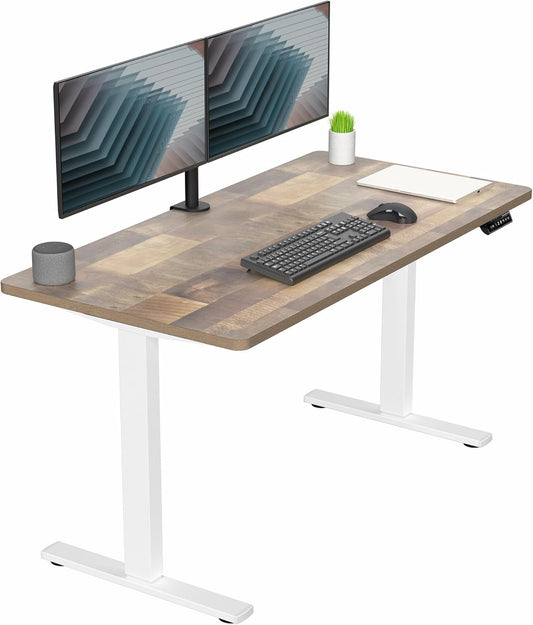VIVO Electric 55 x 28 in Standing Desk, Memory Height Adjustment, 1B Series, One-Piece Reclaimed Wood Top, White Frame, DESK-KIT-1W55P