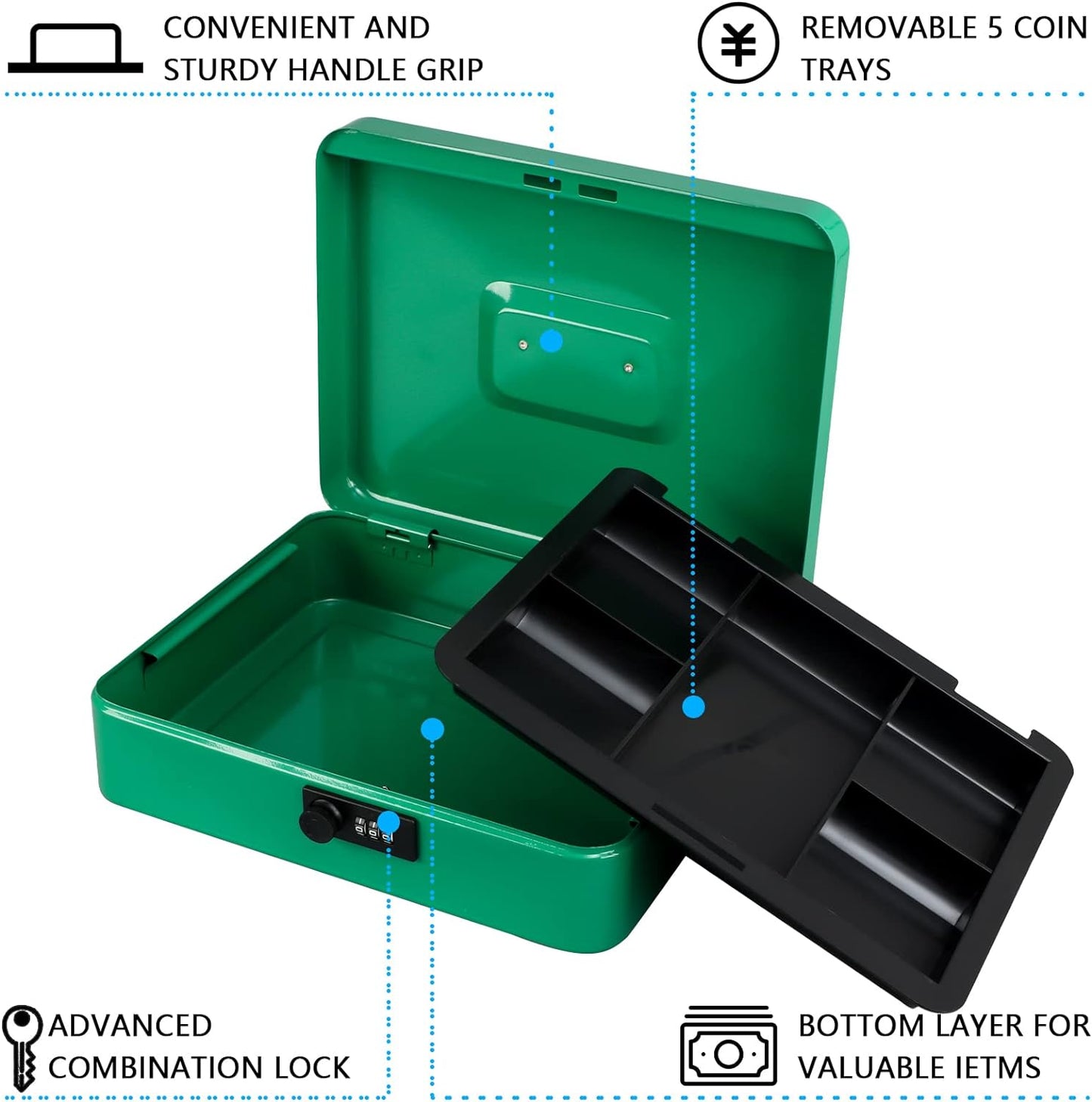 KYODOLED Metal Cash Box with Combination Lock Money Box for Cash Safe Metal Box with Money Tray for Security Lock Box 11.81"x 9.45"x 3.54" Green X Large