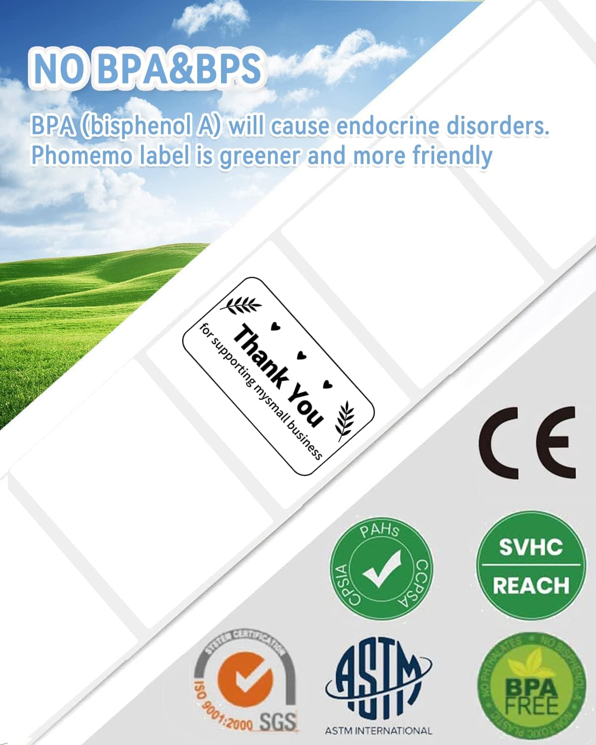 Phomemo 3"x2" Thermal Labels Roll - 1240 PCS Label Stickers for Small Business Supplies - Commercial Grade Logo Stickers for Business Customized - Waterproof Shipping Labels for Thermal Printer