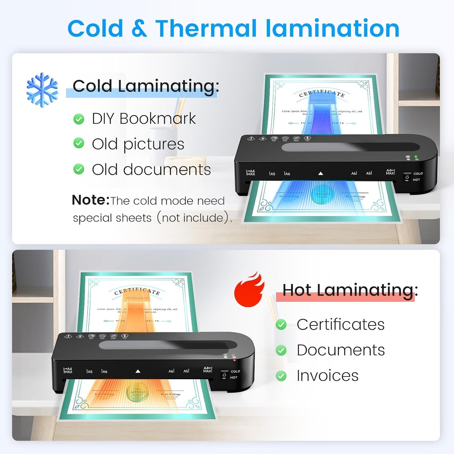Laminator Machine, A4 Laminators Hot & Cold with 20 Laminating Sheets and Trimmer, 9 Inch Laminating Machine for Office, School, Business and Home