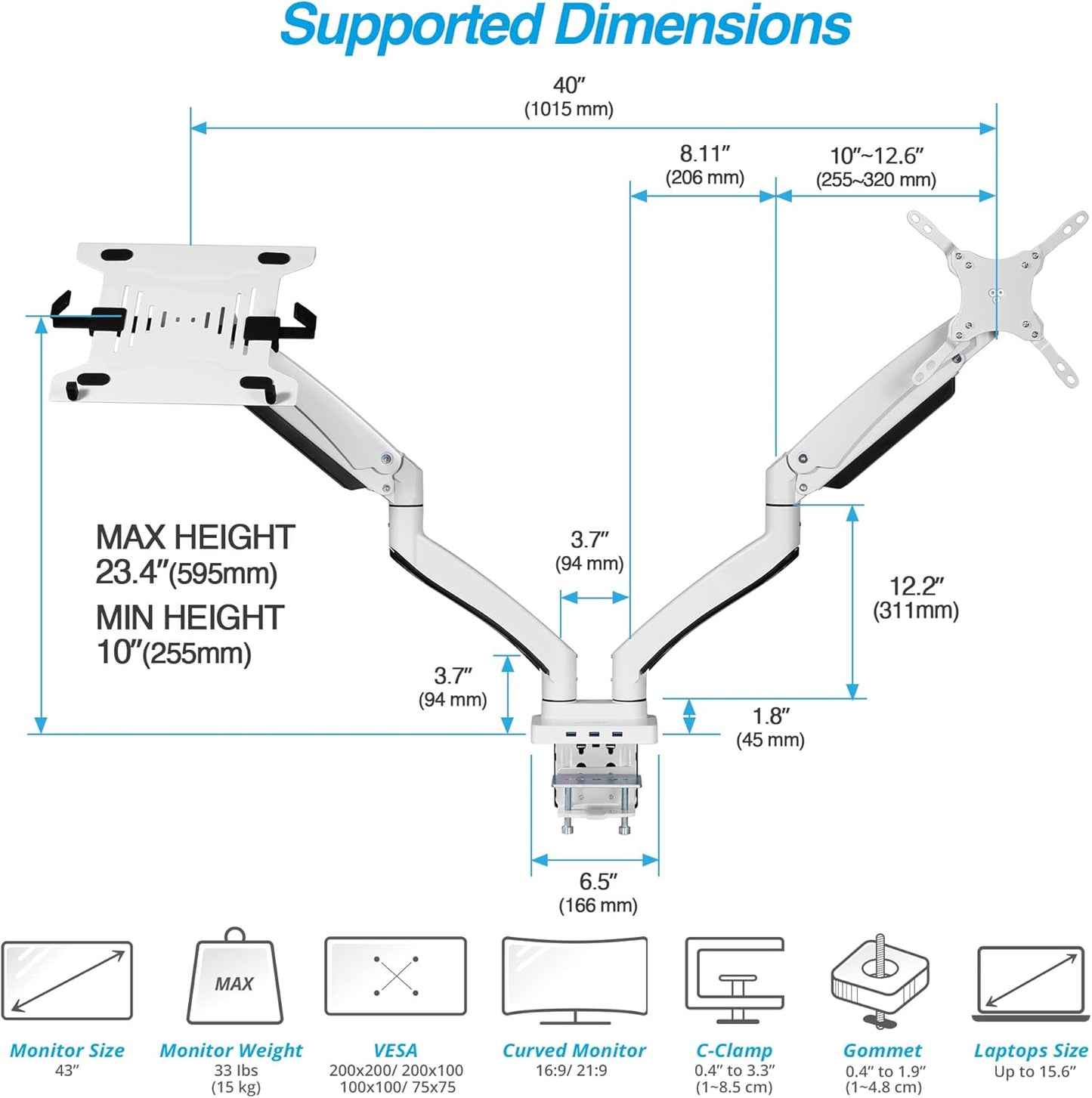 AVLT Dual 17”-43" Monitor Arm Desk Mount with 15" Laptop Tray and USB-C Docking Station, HDMI 4K60Hz, USB-A 5Gbps, Ethernet, 100W PD, Fits Two Flat/Curved Monitor - White