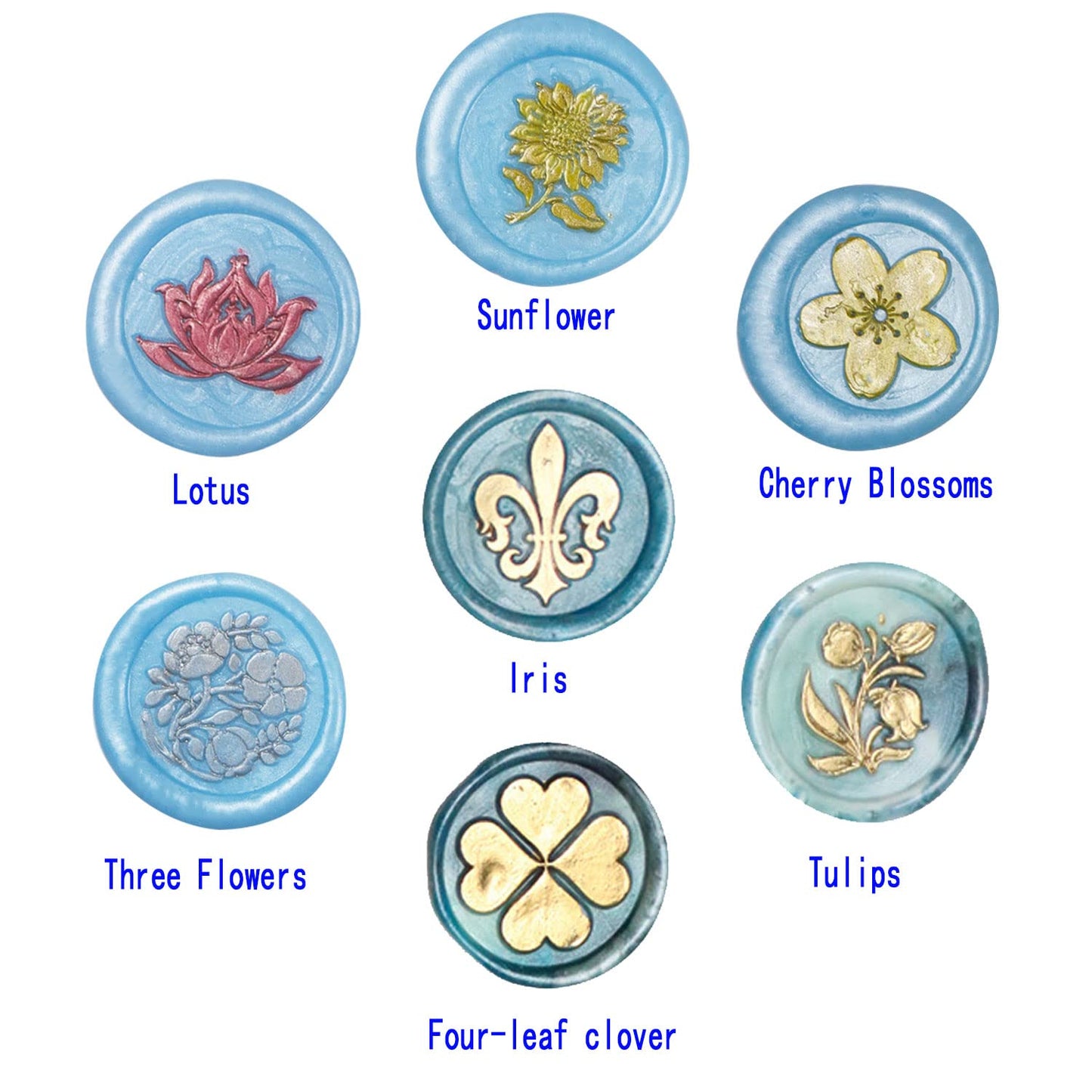 Flower Wax Seal Stamp Set with 7 PCS Removable Brass Heads and 1 Wooden Handle - Sunflower, Three Flowers, Lotus, Cherry Blossoms Sealing Wax Stamp for Cards & Invitations