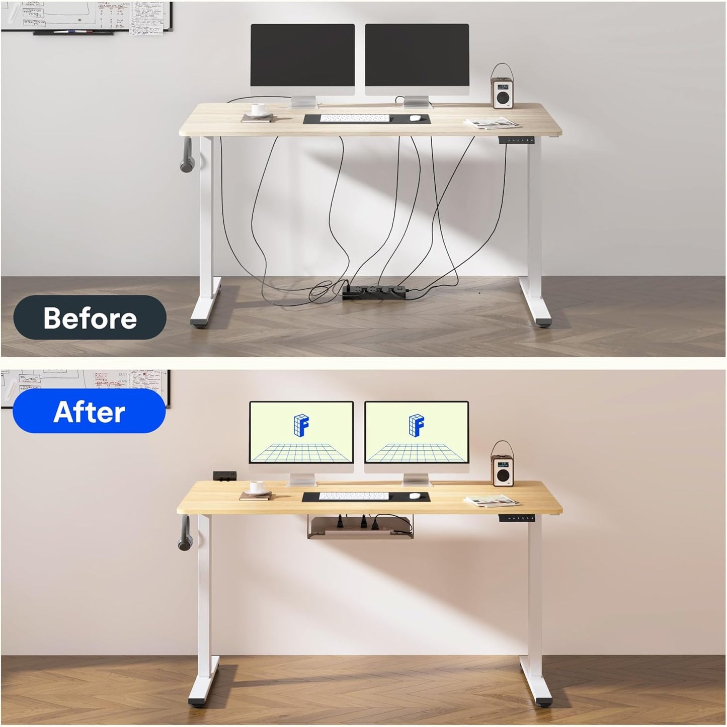 FLEXISPOT Standing Desk Frame with Clamp Power Strip and Cable Management Tray, Electric Sit Stand Desk Base with Memory Controller for Home and Office (White Frame Only)