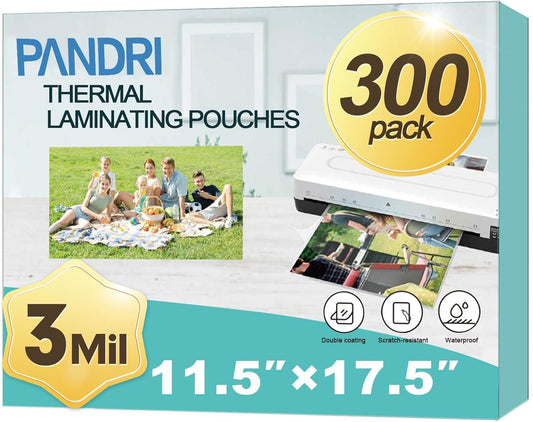 Laminating Sheets, PANDRI 300 Pack Thermal Laminating Pouches Holds 11 x 17 Inch, 3 Mil Plastic Laminator Paper 11.5 x 17.5 Inch, Clear Round Corner