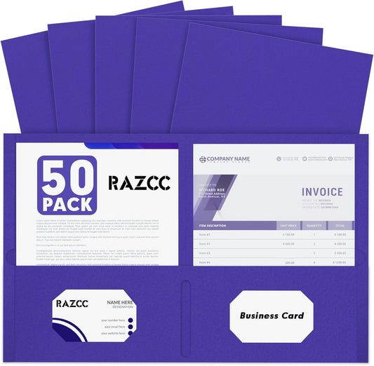 Two Pocket Folders, RAZCC 50 Pack 2 Pocket Folders Fit Letter Size Paper, Paper Folders with Pockets for School Office Business Home, Purple