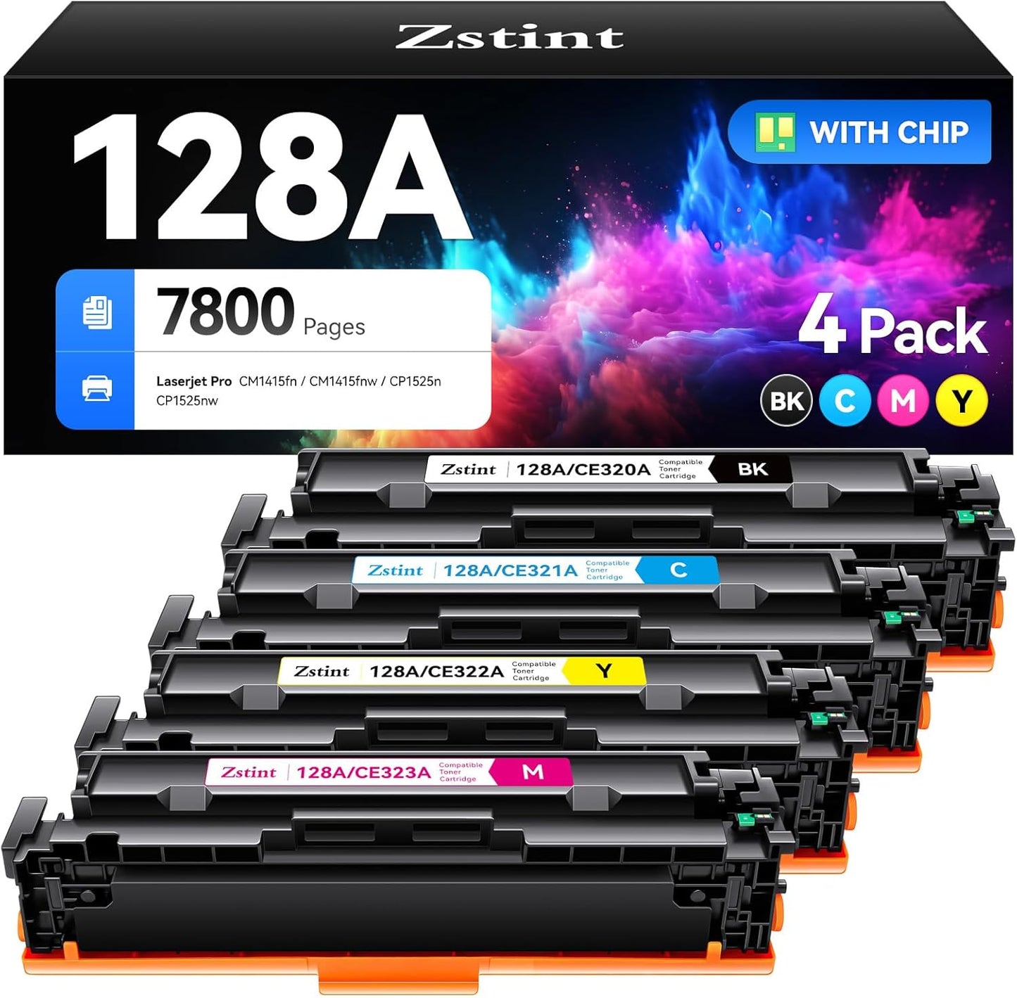 128A Toner Cartridge 4-Pack High Yield Replacement for HP 128A CE320A CE321A CE322A CE323A Toner Cartridge Compatible with HP Laserjet Pro Color MFP CM1415fn CM1415fnw CP1525n CP1525nw Series Printer
