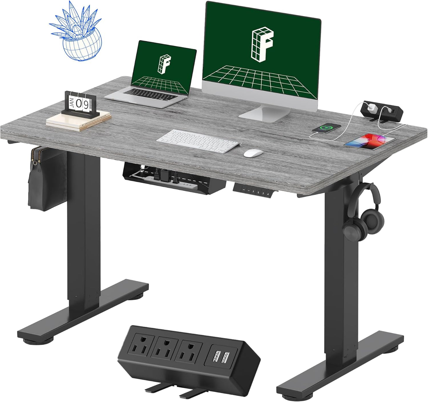 FLEXISPOT EN2 Whole-Piece Standing Desk with Clamp Power Strip, 48 x 30 Electric Stand Up Height Adjustable Desk with Cable Management (Black Frame + 48" Gray Wood Grain Desktop, 2 Packages)