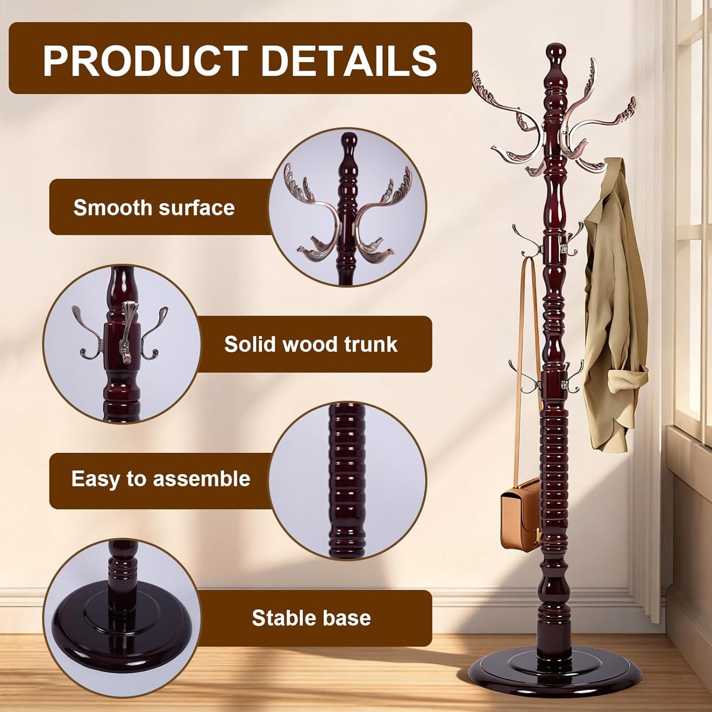 Vintage Wooden Coat Rack Free Standing,14 Hooks, 3-Level Adjustable Height, 73-Inch Retro Coat Rack Stand, Suitable for Entryway, Living Room, Office and Bedroom (Mahogany) (Metal, 1 PCS)