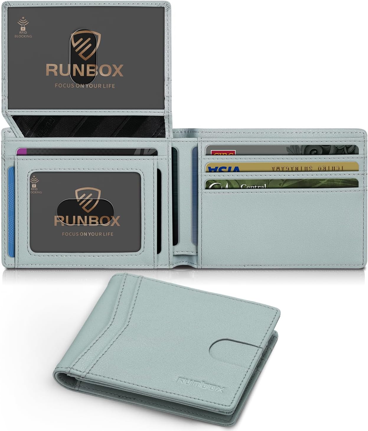 RUNBOX Wallet for Men Slim Rfid Leather 2 ID Window With Gift Box