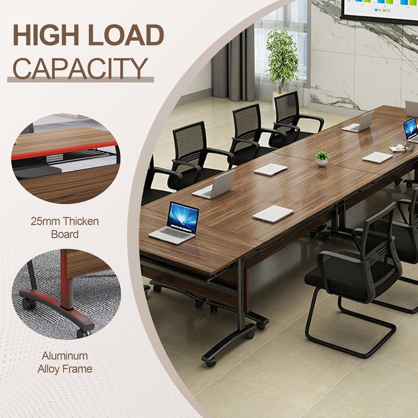 Folding Conference Room Table, Modern Conference Tables with Wheels, Large Rectangular Mobile Training Tables for Office Classroom, Foldable Modular Boardroom Seminar Table Walnut (6pack L63in)