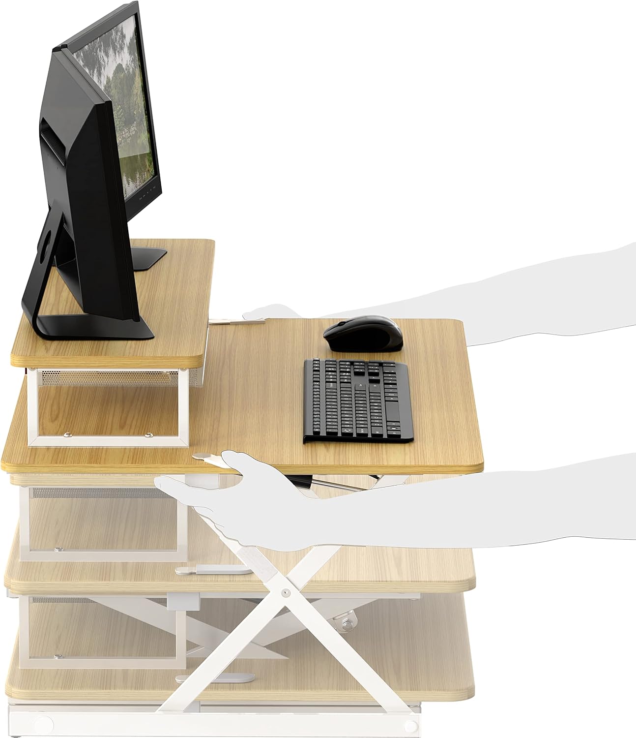 SHW 36-Inch Over Desk Height Adjustable Standing Desk with Monitor Riser, Oak