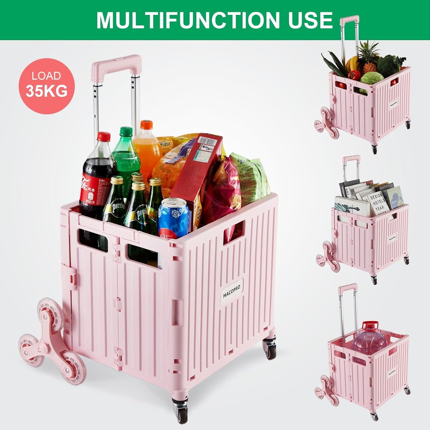 Foldable Utility Cart with Stair Climbing Wheels, Collapsible Rolling Crate with Telescoping Handle, Folding Shopping Trolley Handcart Grocery Book File Tool Teacher Storage Basket (Pink)