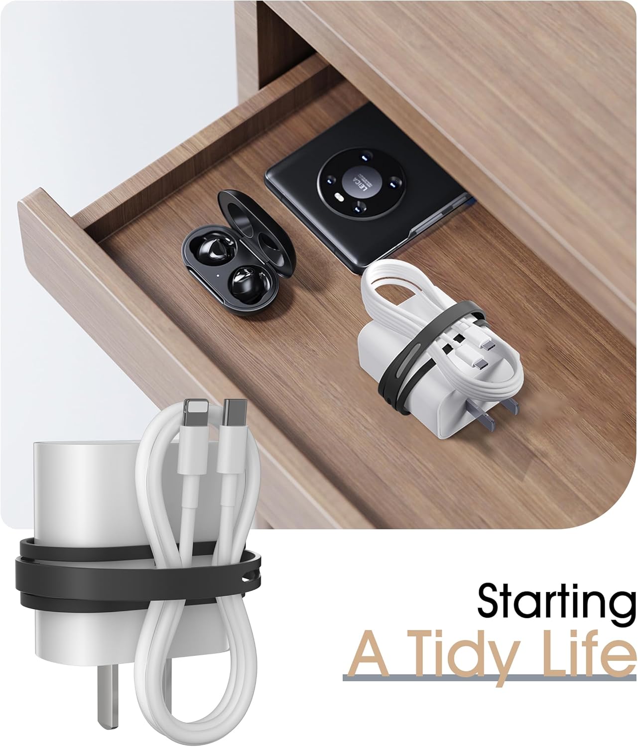 Nearockle Latest Double-Sided Silicone Cable Ties, 12Pcs Reusable Cord Organizer for Bundling Phone Charger and USB Cable, Multifunctional Organizer for Travel Home (Black)