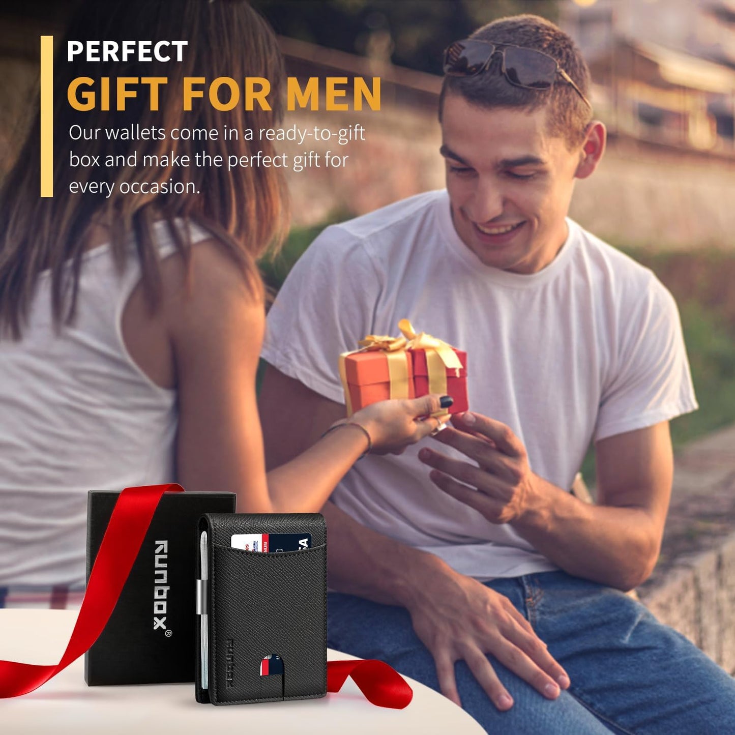 RUNBOX Money Clip Slim Wallets for Men RFID Blocking 11 Card Holder Minimalist Small Leather Bifold Men's Front Pocket Wallet Gift Box