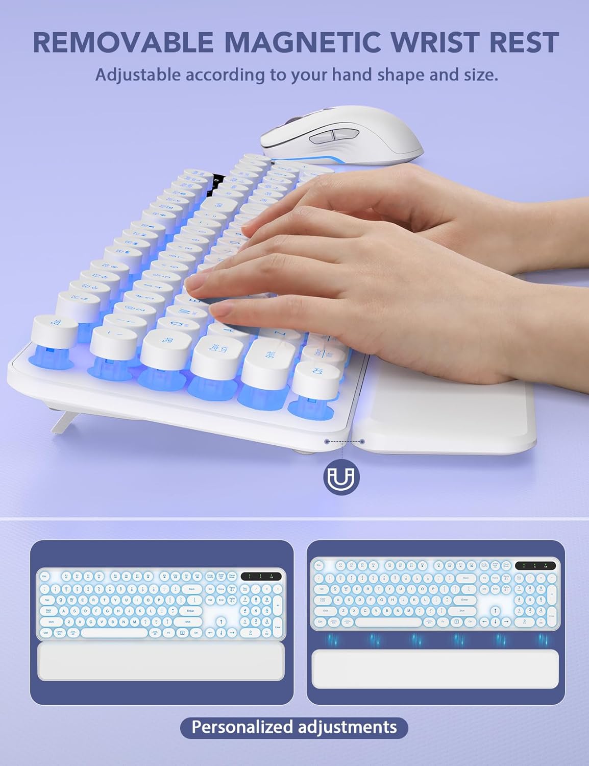 Wireless Keyboard and Mouse Backlit - Typewriter Keyboard with Retro Round Keycaps, Detachable Wrist Rest, Light Up Letters, 2.4G Rechargeable Combo for Mac, Windows, PC, Laptop, Trueque (White)