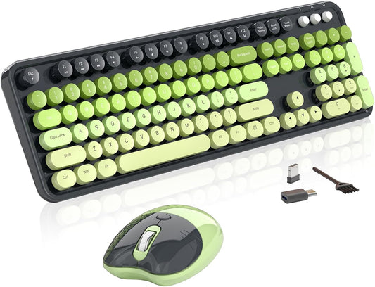 Wireless Keyboard and Mouse, MOFII 104 Round Keycaps Retro Typewriter with OTG & Brush, Full-Size Ergonomic, Ideal for Windows PC, Home, Office and College Gray Green