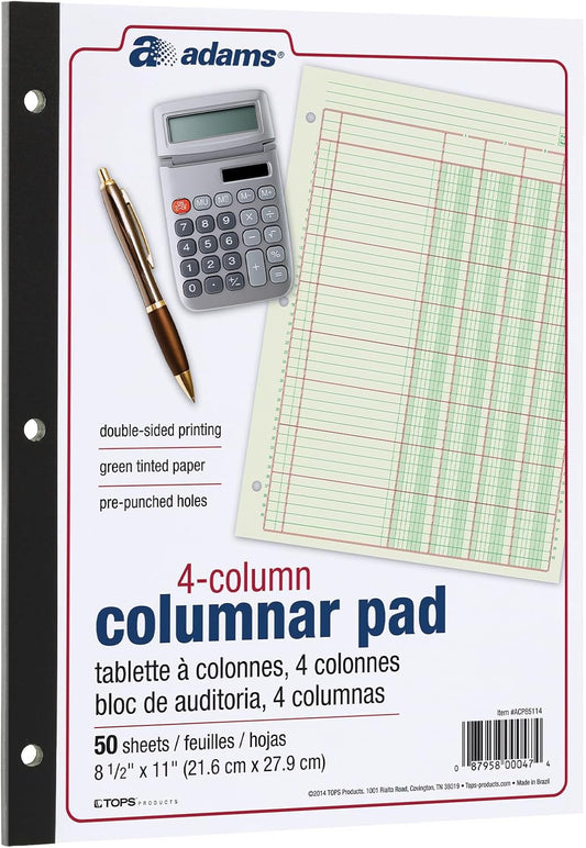 Adams Columnar Analysis Pad, 4 Column Ledger, 8.5" x 11", 100 Pages (50 Sheets), Green, 3 Hole Punch, for Accounting, Bookkeeping & Data (ACP85114)