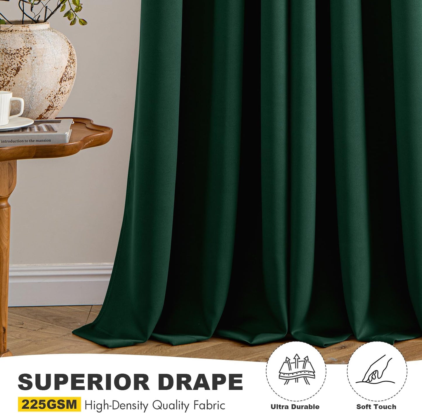 MIULEE Hunter Green Blackout Curtains for Bedroom Living Room 63 Inches Long 2 Panels, Thermal Insulated Room Darkening Drapes Solid Grommet Top Noise Reduction Emerald Green Curtains 40x63 Inch