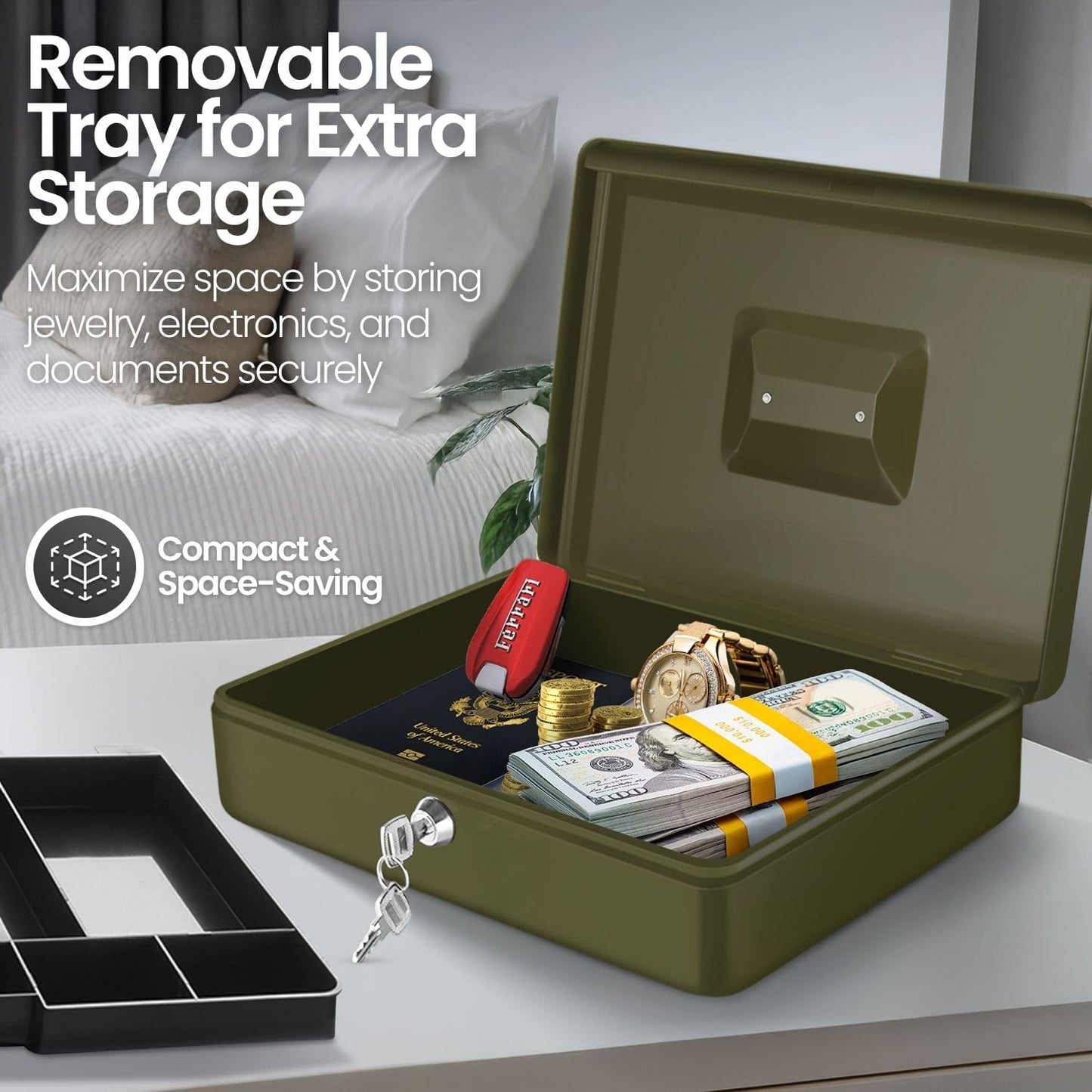 Flexzion Cash Box with Money Tray and Lock - Metal Cash Box for Small Businesses, 9-Compartment Green Money Box with Removable Tray and Key, Portable Storage for Checks and Coins