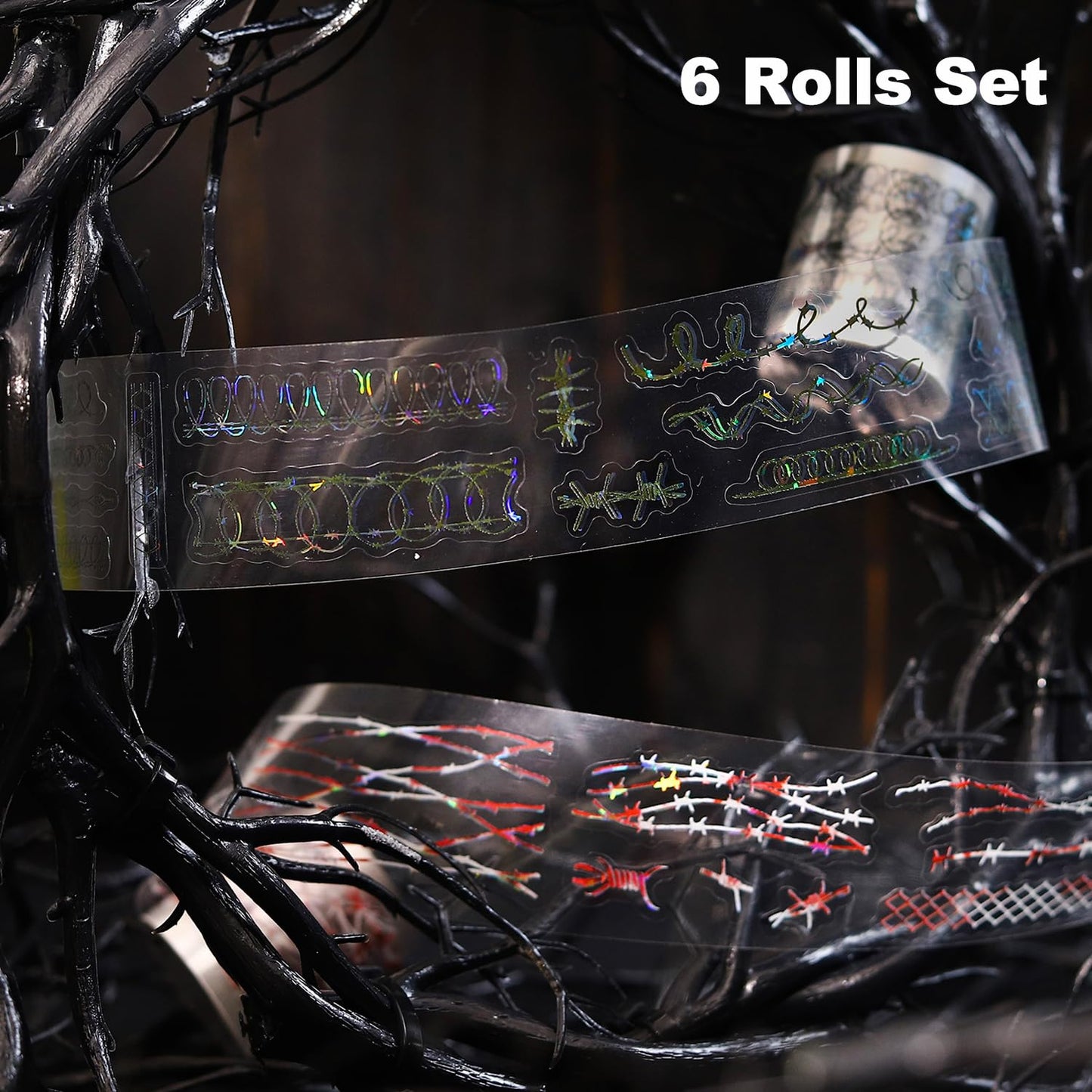 6 Rolls Thorn Vine PET Tapes Set, Holographic Pre-Cut Stickers for Journaling, Scrapbooking, and DIY Crafts, with Decorative Clip