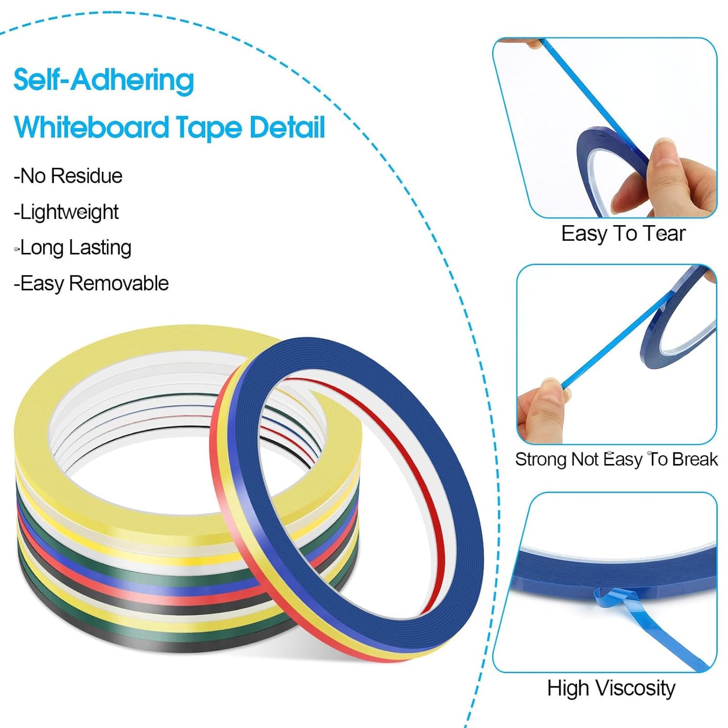 Whiteboard Tape, 16 Rolls 1/8 inch Pinstripe Tape Dry Erase Tape White Board Pinstriping Tape Line, Thin Colors Draping Tape 164 Feet Per Roll, Dry Erase and White Board Accessories, Chart Tape