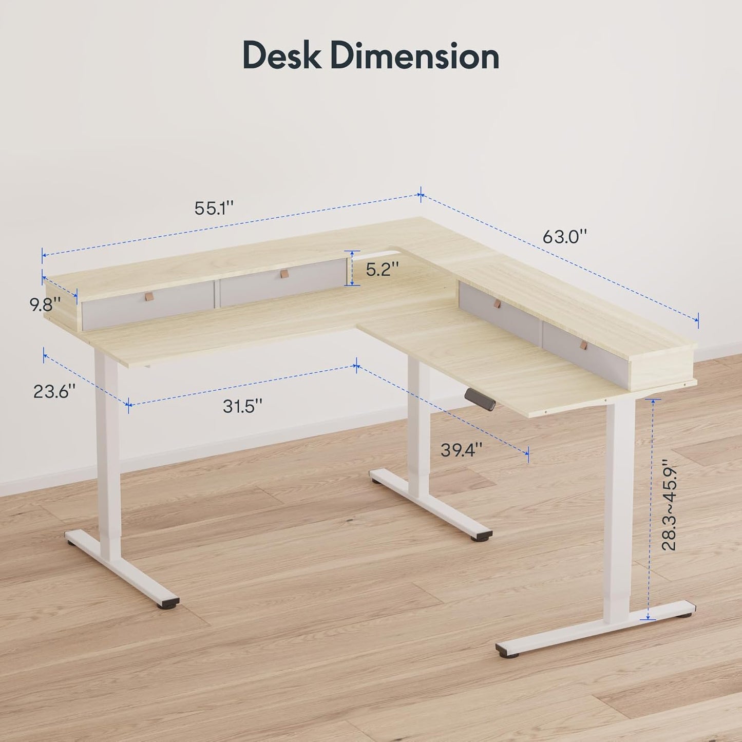 FLEXISPOT 63" L Shaped Standing Desk with Shelf Electric Corner Table, Drawers, Adjustable Computer Workstation for Home, Office,USB Charging Port, 63x55in, Light Maple Top + White Frame