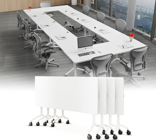 Conference Table, Folding Conference Desk Modern White, Seminar Table with Wheels, 2-10 People for Office, Meeting Break Room(4, 1915, 61IN)
