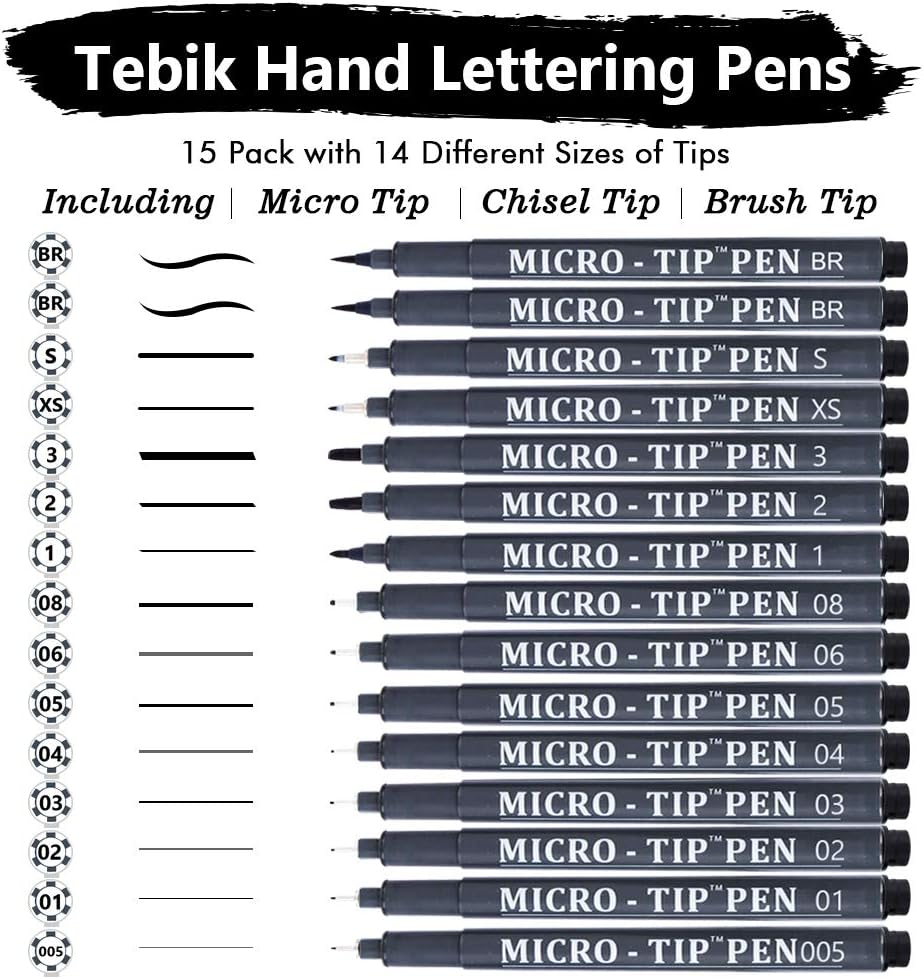 Hand Lettering Pens, 15 Pack Calligraphy Brush Pen Markers Black Ink for Beginners Writing, Lettering, Journaling, Art Drawing, Signature, Illustrations and Office School Supplies