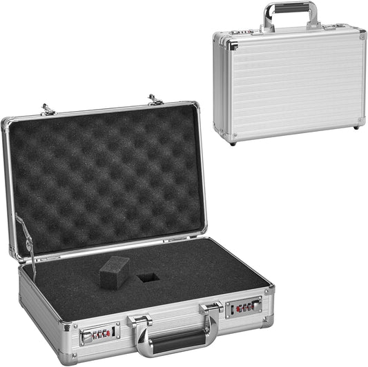 Combination Lock Box - Locking Storage Case with Customizable Foam, 14.2" Portable Lockable Case for Personal Items, Valuables, Documents, Briefcase for Jewelry, Cash, Medications, Silver