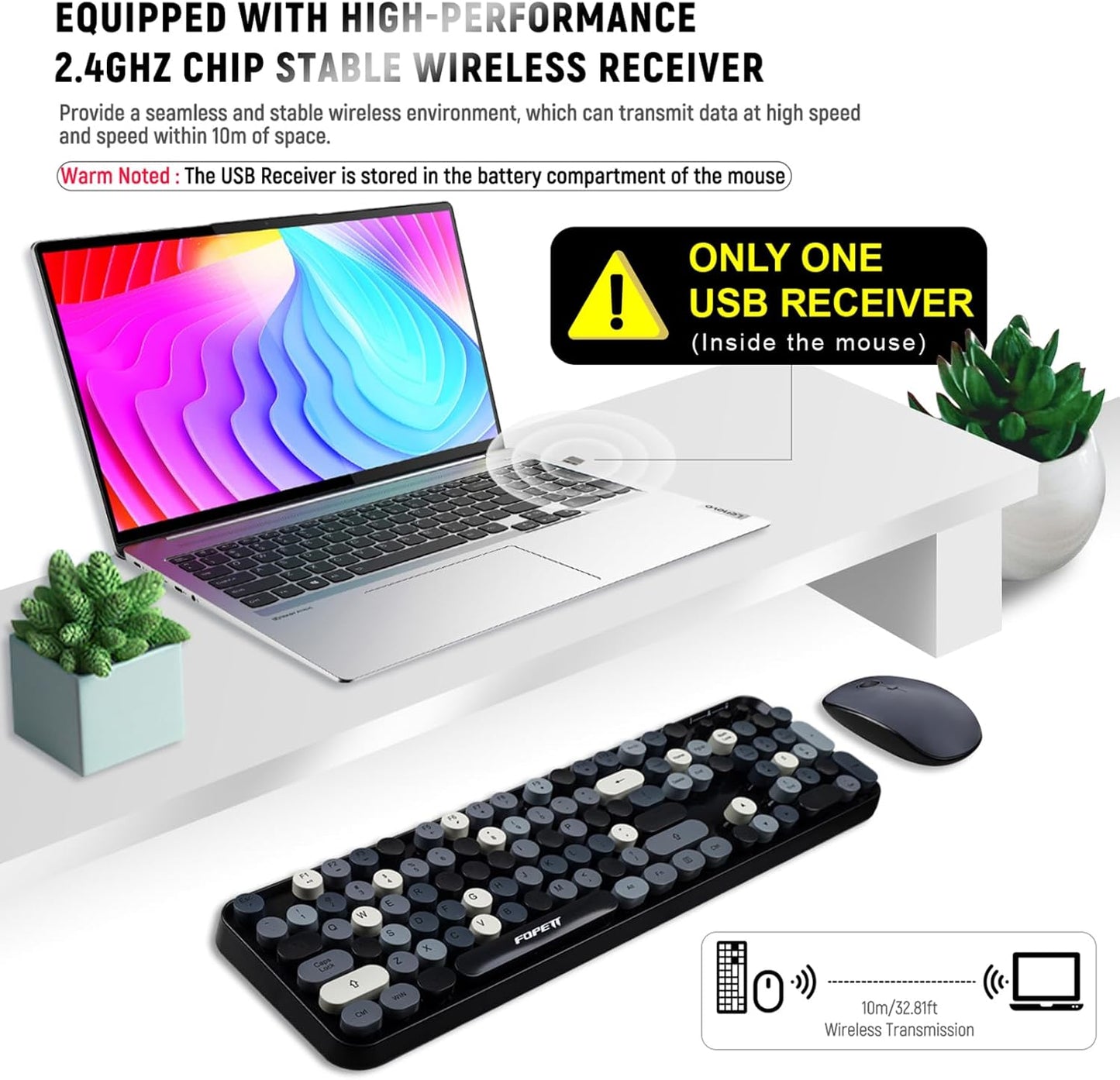FOPETT Wireless Keyboard and Mouse Combo - 2.4G Full-Sized Cute Colorful Retro Keyboard with Round Keycaps 104 Keys Typewriter Keyboard for Laptop/Windows/PC - Grey Colorful