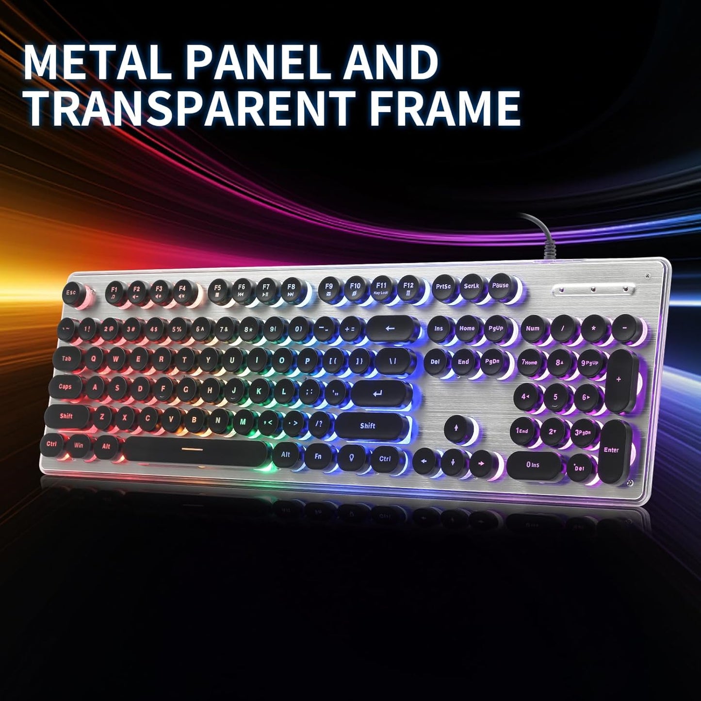 Typewriter Style Keyboard with Metal Panel, Rainbow LED Backlit, Round Keys, Anti-ghosting, Spill Resistant, Light Up USB Wired Retro 104 Keys for Office,Gaming, Black/Silver