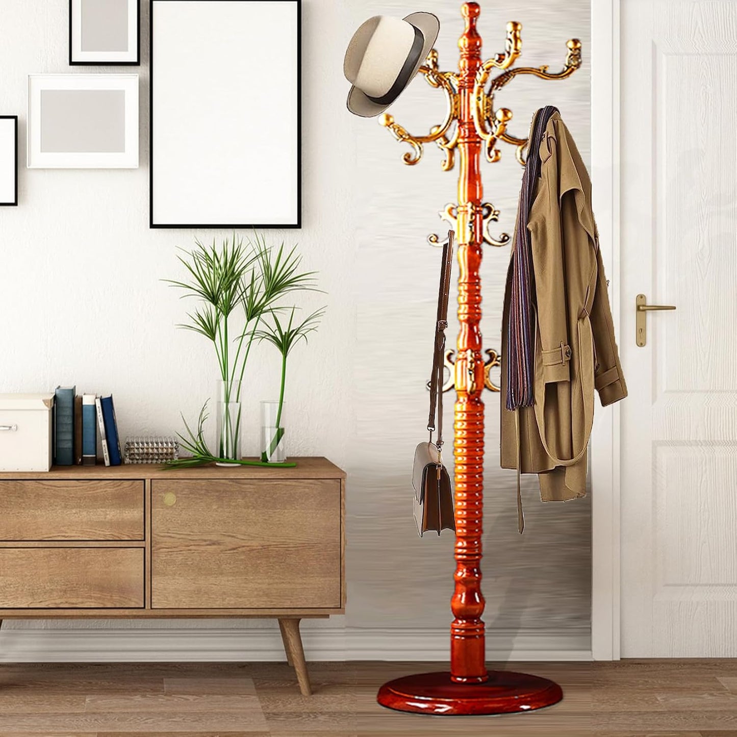 Coat Racks Free Standing with 14 Hooks, Natural Wood Coat Stands for Entryway, Adjustable Height 73 in Tree Coat Rack Stand for Hallway Home Office Bedroom (Begonia)