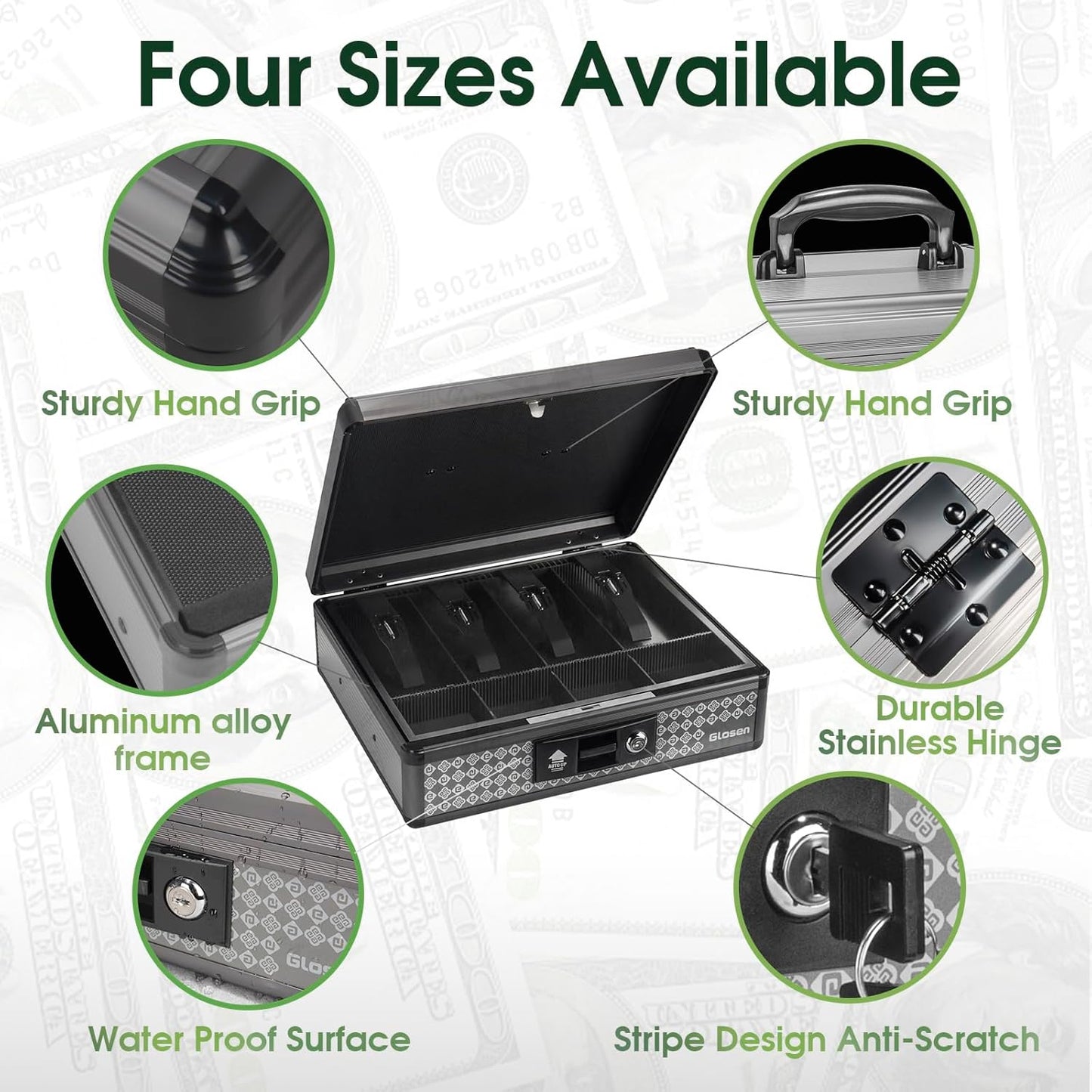 Cash Box with Lock, Money Box with Key Lock & Removable Coin Tray 8.85 * 5.3 * 11.8 inch (Black, Large)