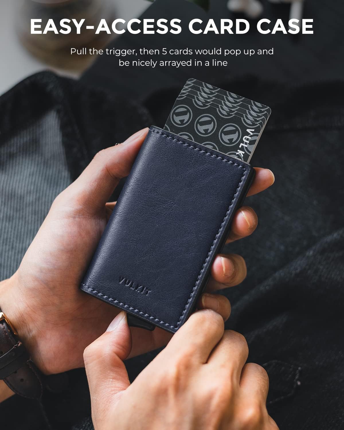 VULKIT Credit Card Holder RFID Blocking Leather Automatic Pop Up Wallet Aluminum Slim Pocket Business Card Case