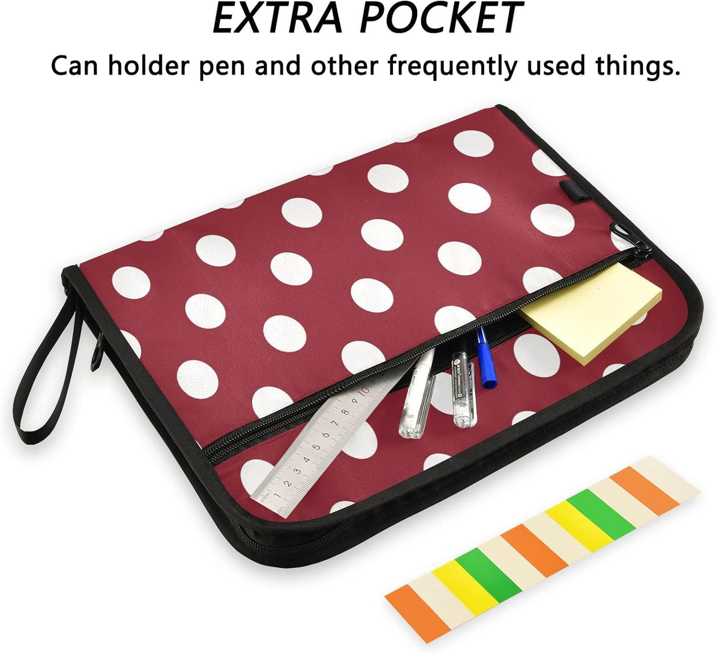 Gredecor 13 Pockets File Folder Organizer A4/Letter Water Resistant White Polkadot with Red Document Bag with Zipper Filing Folder Expanding File Pouch Storage for School Office