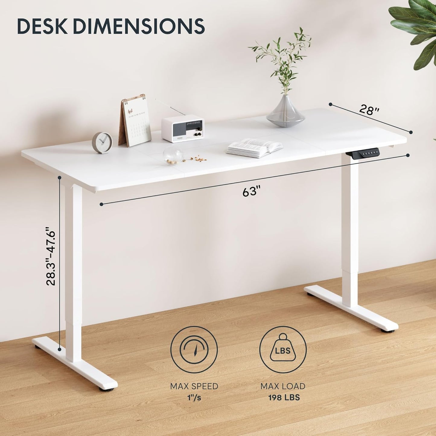 FLEXISPOT 63 x 28 Inch Dual Motor Standing Desk, Computer Desk with Memory Controller, Home Office Desk with Splice Board (White Frame + 63" White Desktop, 2 Packages)