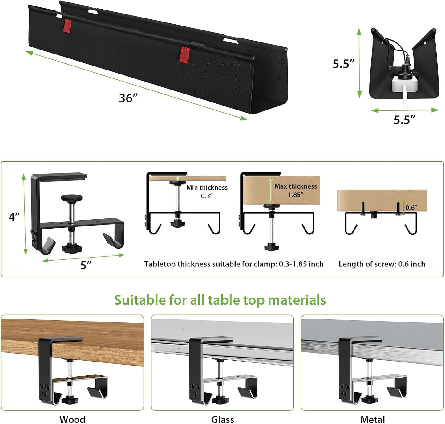 KEEGH Large 36" Under Desk Cable Management Tray - Under Desk Cord Organizer - Clamp/Screw Mount - Support Upto 70lbs - Fabric Wire Management - Gaming/PC Cable Raceways - Cord Hiders for Office/Home