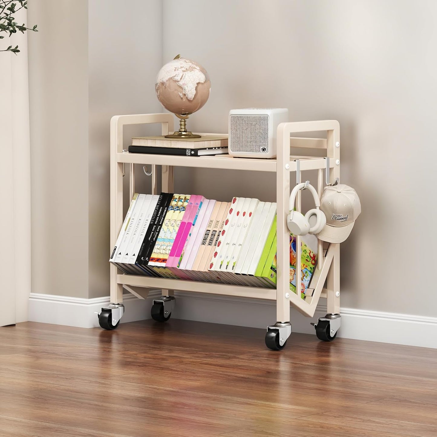 Bookshelf Movable Book Cart Multi-Layer Storage Rack Large-Capacity Rolling Cart L-Shaped Carbon Steel Shelf Suitable for Storing Books, Magazines, Newspapers, Shoes