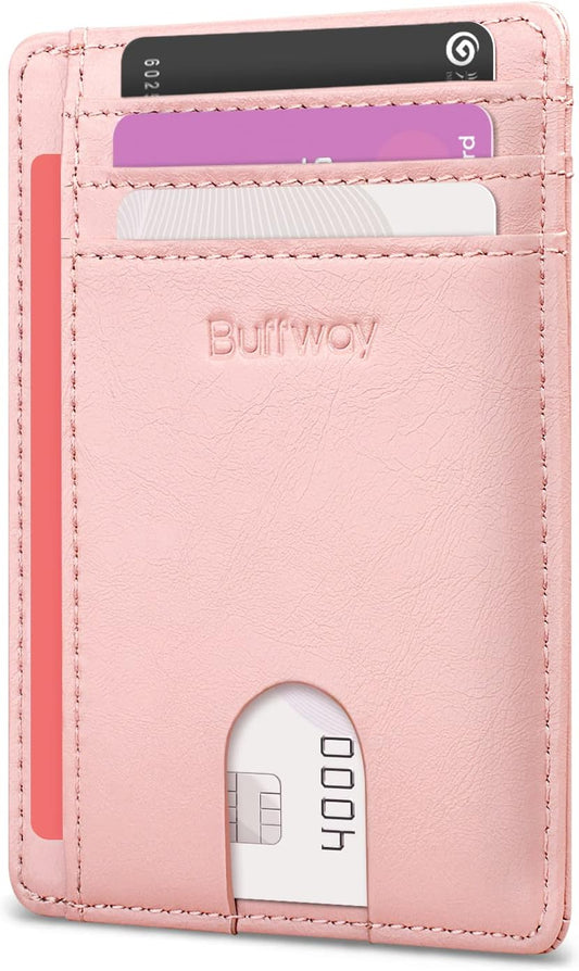 Buffway Slim Minimalist Front Pocket RFID Blocking Leather Wallets for Men and Women - Alaska Pink