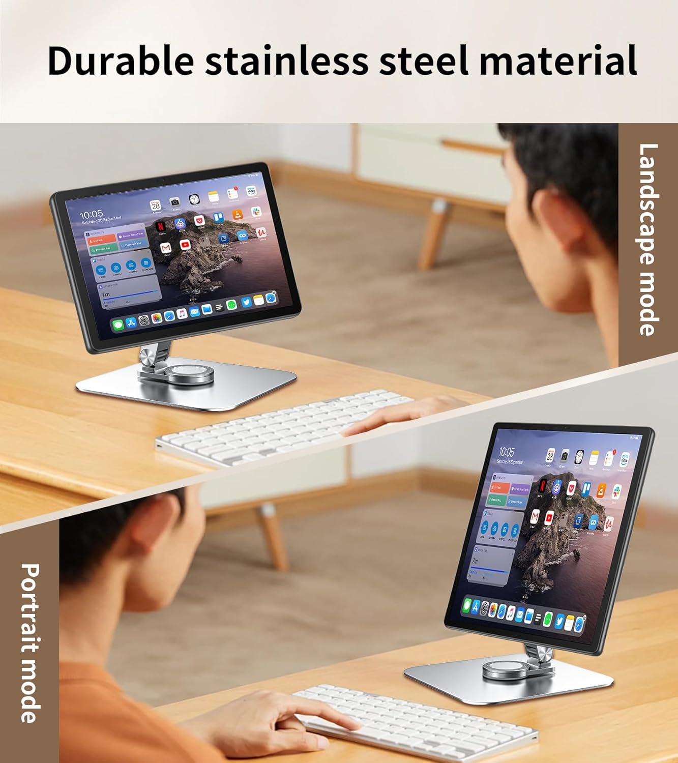 13-17.3" Monitor Stand with 360° Swivel Base, 75mm VESA Single-Arm Mount w/ M4 Screws for Portable Monitor, Adjustable Angle & Tilt & Rotation - Touchscreen Desktop Display Stand (Silver)